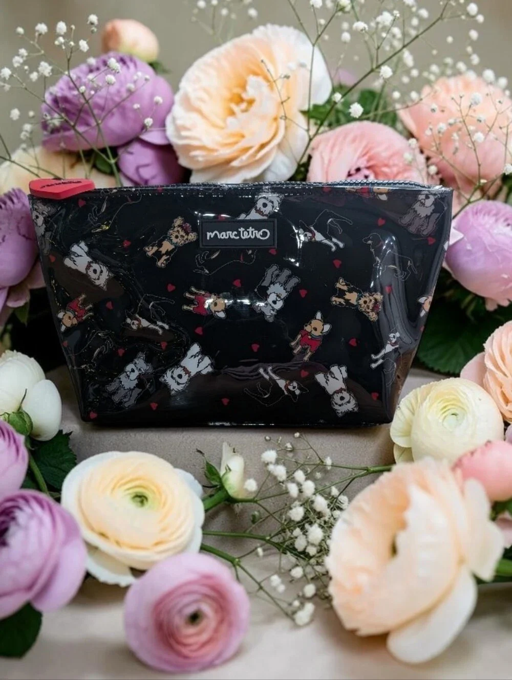 NWT Marc Tetro Black Patent Vinyl Cosmetic Pouch with Dog Print